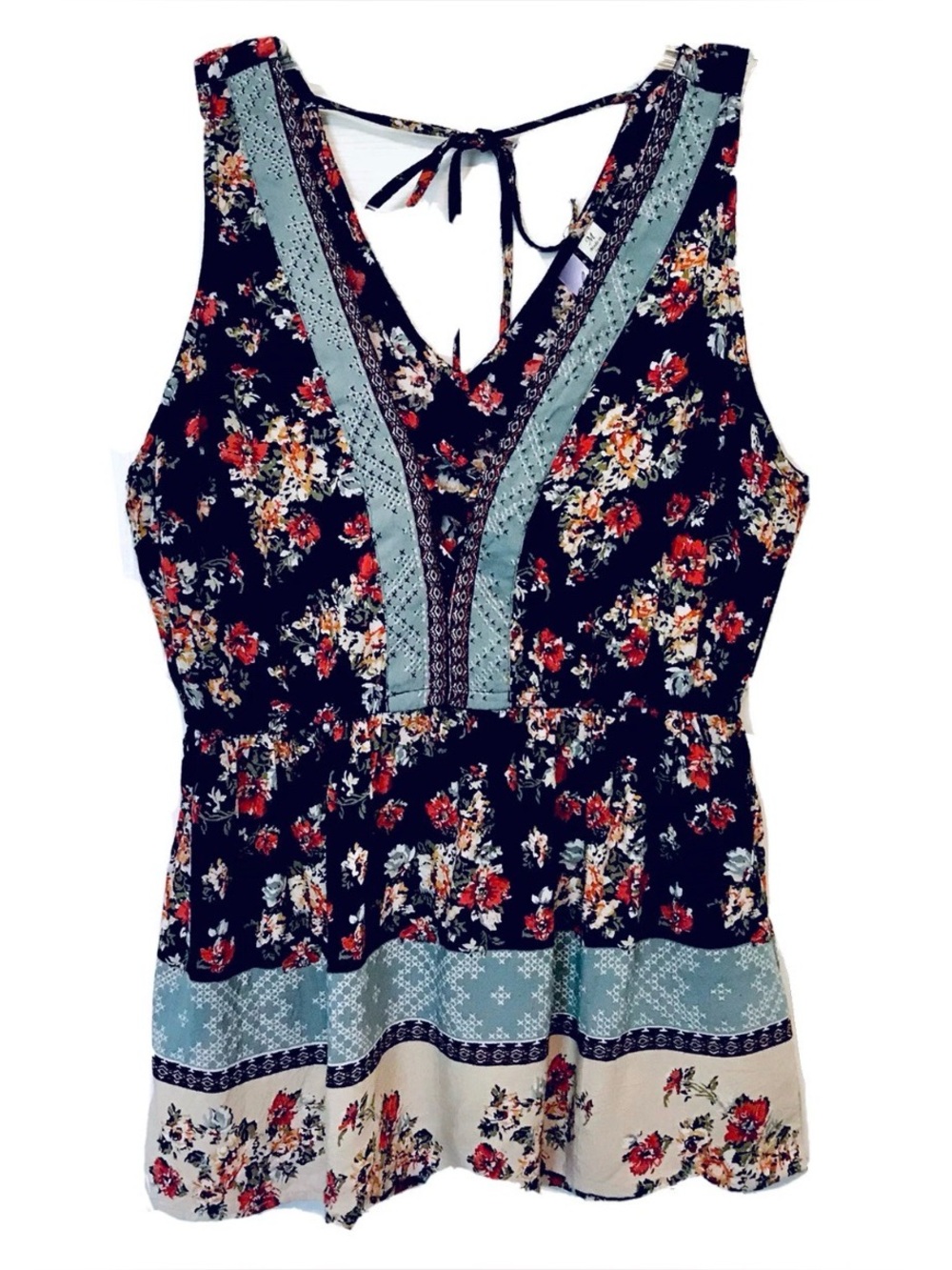 Alya Womens Size M Navy Multicolor Floral Crisscross Tie Back Baby Doll Tank Top